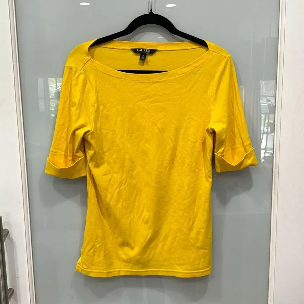 Ralph Lauren Black Label Women's Yellow Cowl Neck 3/4 Quarter Sleeve Blouse Sz M